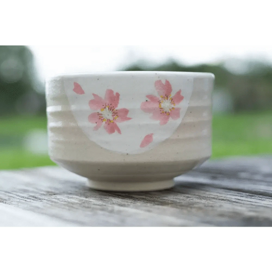 Aprikalife Tea & Tea Sets Handmade Japanese Beige Matcha Tea Bowl with Pink Flowers: Ceramic / 16 oz / Maruyoshi Green Flower Matcha Bowl
