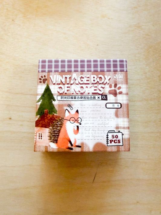 Temu Paper Sheets Vintage Box of Notes (Fox with glasses) Mini Vintage Notepaper Books - 50 Designs