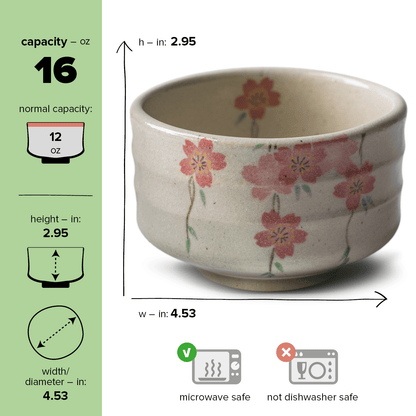 Aprikalife Maruyoshi Shidare-zakura Matcha Bowl / Ceramic / 16 oz Handmade Japanese Matcha Tea Bowl with Small Pink Flowers