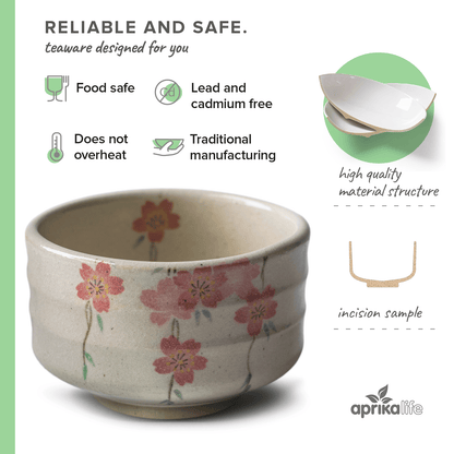 Aprikalife Maruyoshi Shidare-zakura Matcha Bowl / Ceramic / 16 oz Handmade Japanese Matcha Tea Bowl with Small Pink Flowers