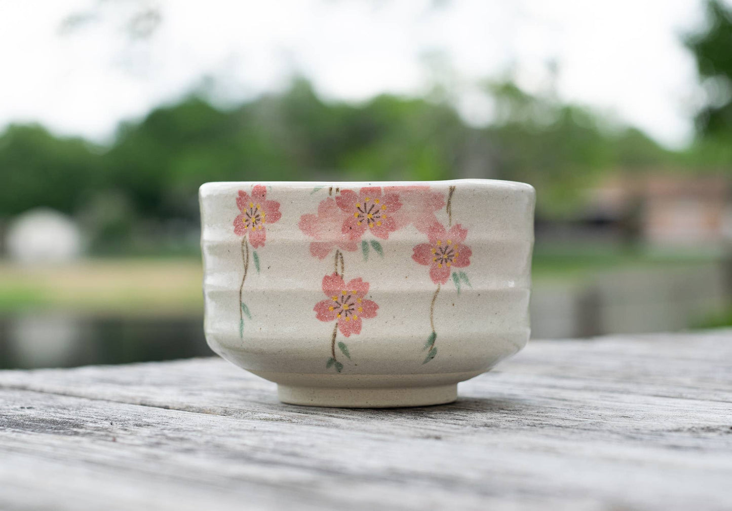 Aprikalife Maruyoshi Shidare-zakura Matcha Bowl / Ceramic / 16 oz Handmade Japanese Matcha Tea Bowl with Small Pink Flowers