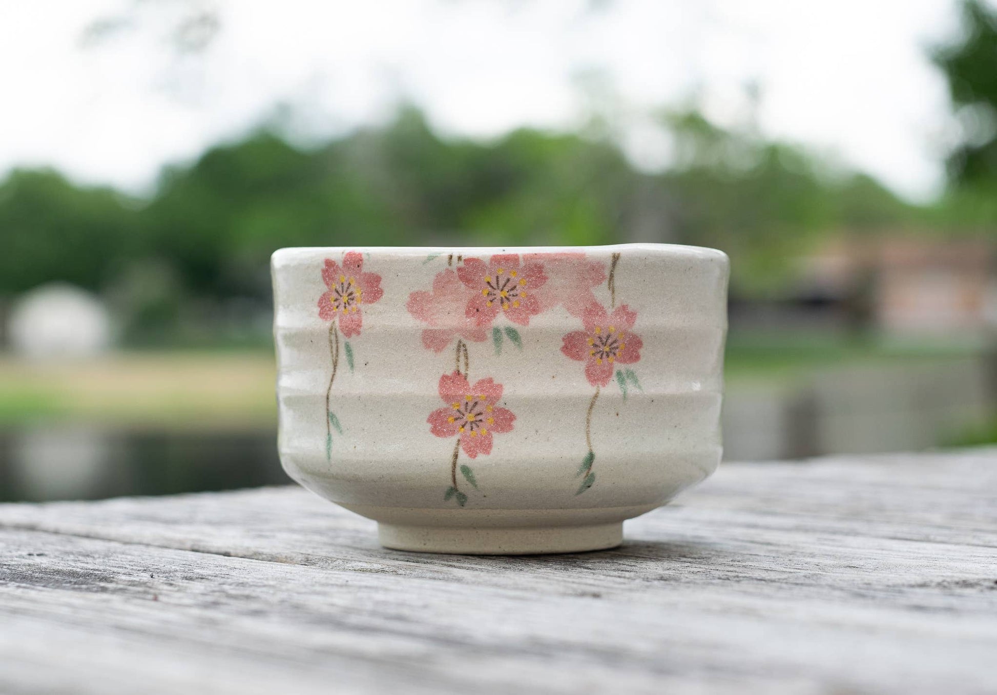 Aprikalife Maruyoshi Shidare-zakura Matcha Bowl / Ceramic / 16 oz Handmade Japanese Matcha Tea Bowl with Small Pink Flowers