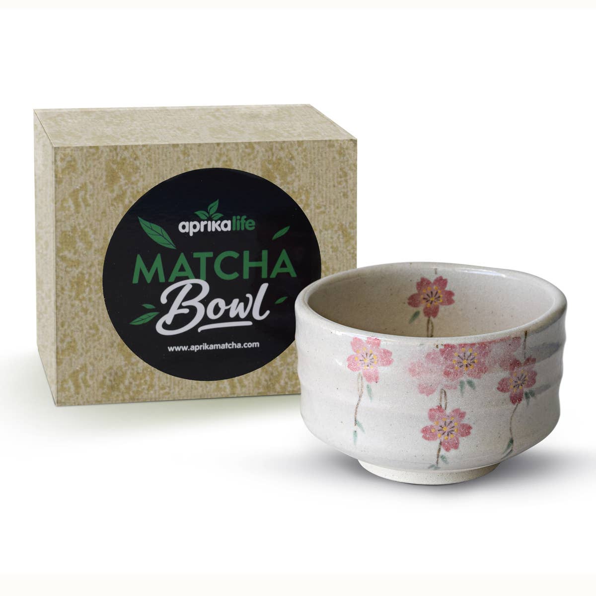 Aprikalife Maruyoshi Shidare-zakura Matcha Bowl / Ceramic / 16 oz Handmade Japanese Matcha Tea Bowl with Small Pink Flowers