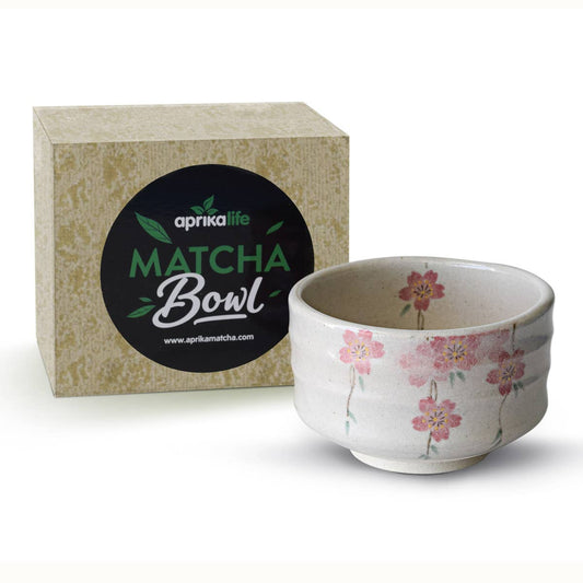 Aprikalife Maruyoshi Shidare-zakura Matcha Bowl / Ceramic / 16 oz Handmade Japanese Matcha Tea Bowl with Small Pink Flowers