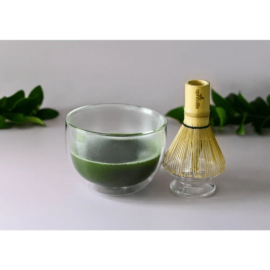 Aprikalife Tea & Tea Sets Glass Matcha Set (Double Sided Matcha Bowl, Whisk, Holder): Glass / 16 oz / Matcha Tea Set