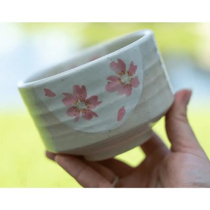 Aprikalife Tea & Tea Sets Handmade Japanese Beige Matcha Tea Bowl with Pink Flowers: Ceramic / 16 oz / Maruyoshi Green Flower Matcha Bowl