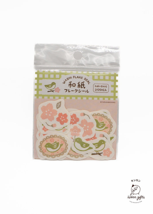 FURUKAWASHIKO Washi Stickers Cherry blossoms and Japanese bush warbler Springtime Washi Flake Stickers - Furukawashiko Limited Time Stickers