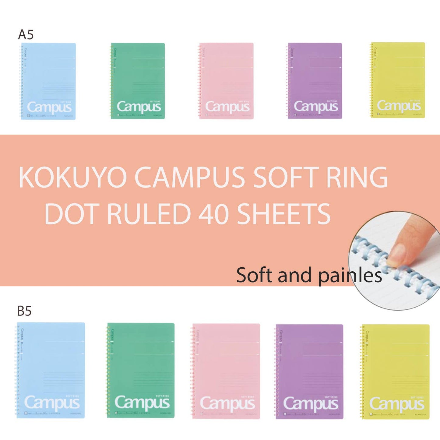 Hakubundo Notebooks & Notepads Purple / A5 Kokuyo Campus Softring Ruled 40 Sheet Notebook