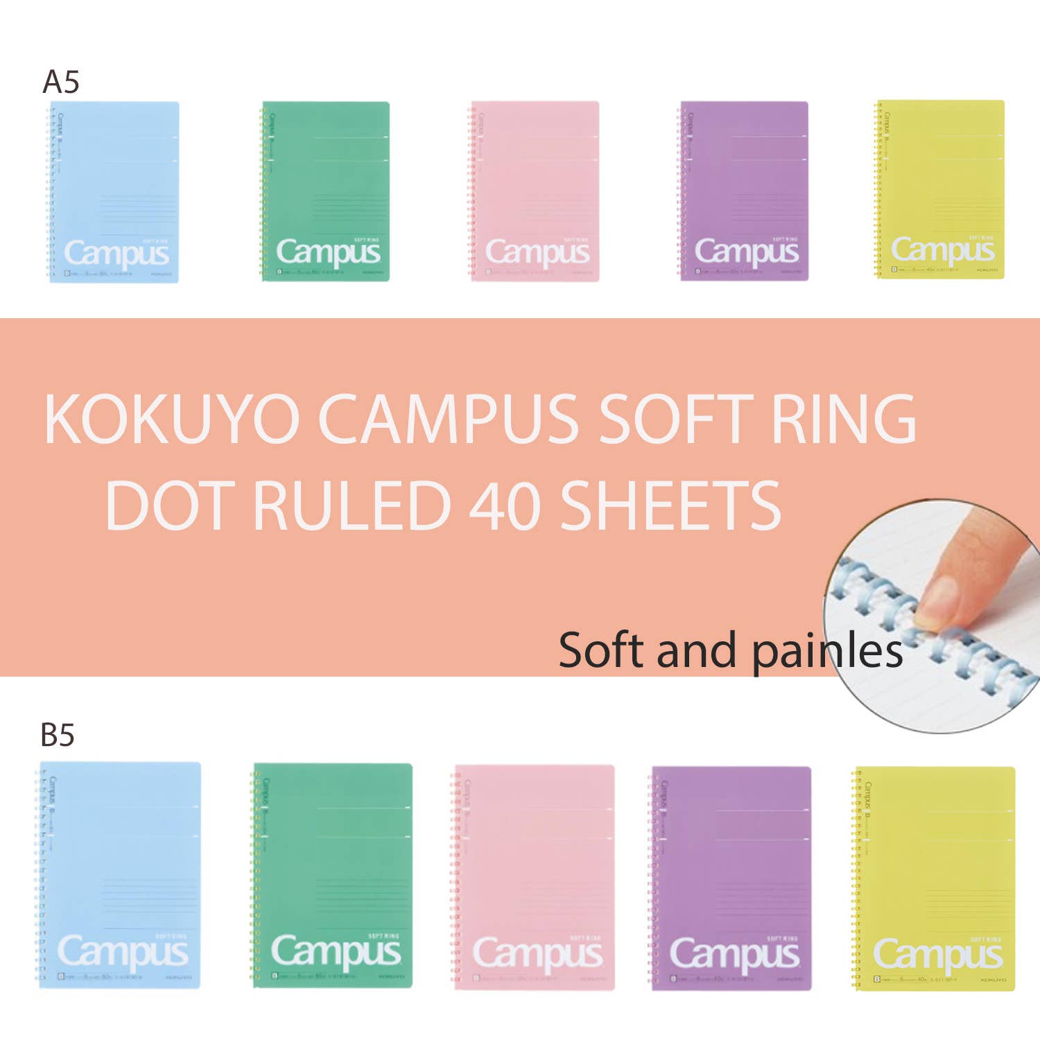 Hakubundo Notebooks & Notepads Purple / A5 Kokuyo Campus Softring Ruled 40 Sheet Notebook