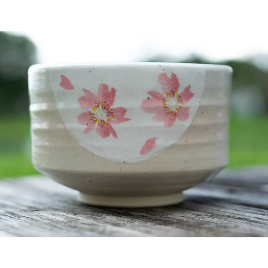 Handmade Japanese Beige Matcha Tea Bowl with Pink Flowers: Ceramic / 16 oz / Maruyoshi Green Flower Matcha Bowl