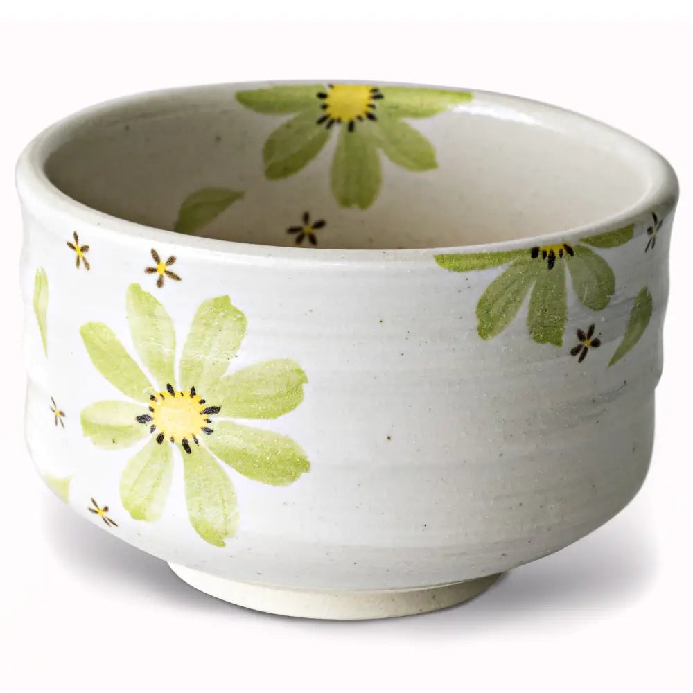 Handmade Japanese Matcha Tea Bowl with Green Flowers - Ceramic / 16 oz / Maruyoshi Green Flower Matcha Bowl