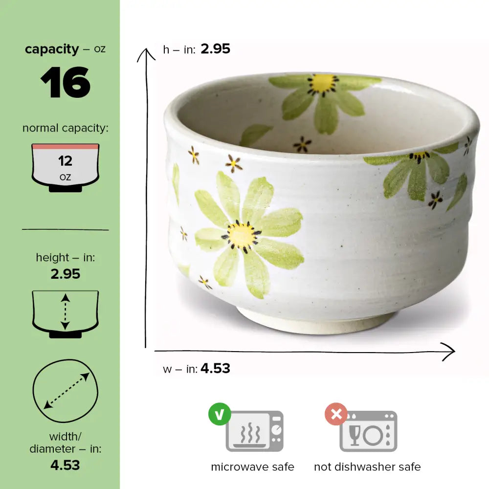 Handmade Japanese Matcha Tea Bowl with Green Flowers - Ceramic / 16 oz / Maruyoshi Green Flower Matcha Bowl