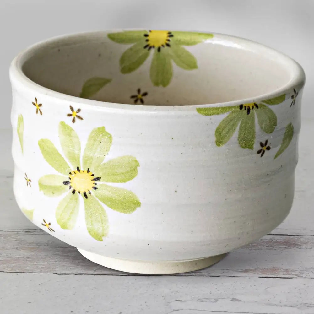 Handmade Japanese Matcha Tea Bowl with Green Flowers - Ceramic / 16 oz / Maruyoshi Green Flower Matcha Bowl