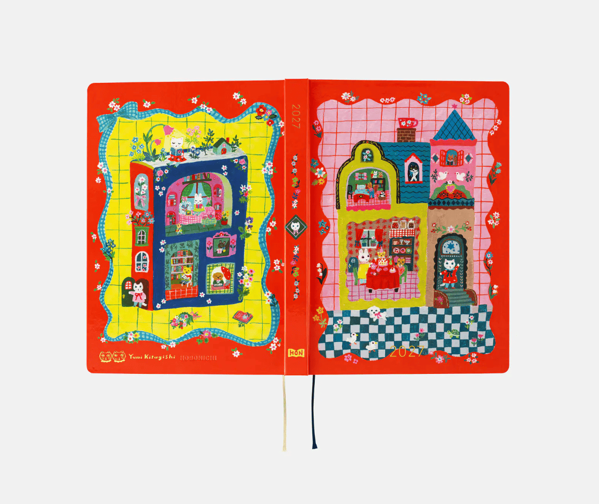 Hightide USA Planners PREORDER - Hobonichi Techo 2027 HON A5 Yumi Kitagishi: White Cat and Rabbit's Tea Room
