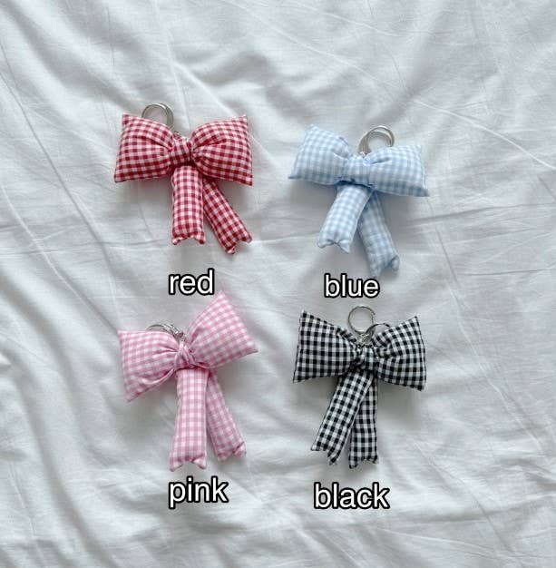 K-Wonderland Black Puff Ribbon Balletcore Check Bow Bag Charm, Key Holder