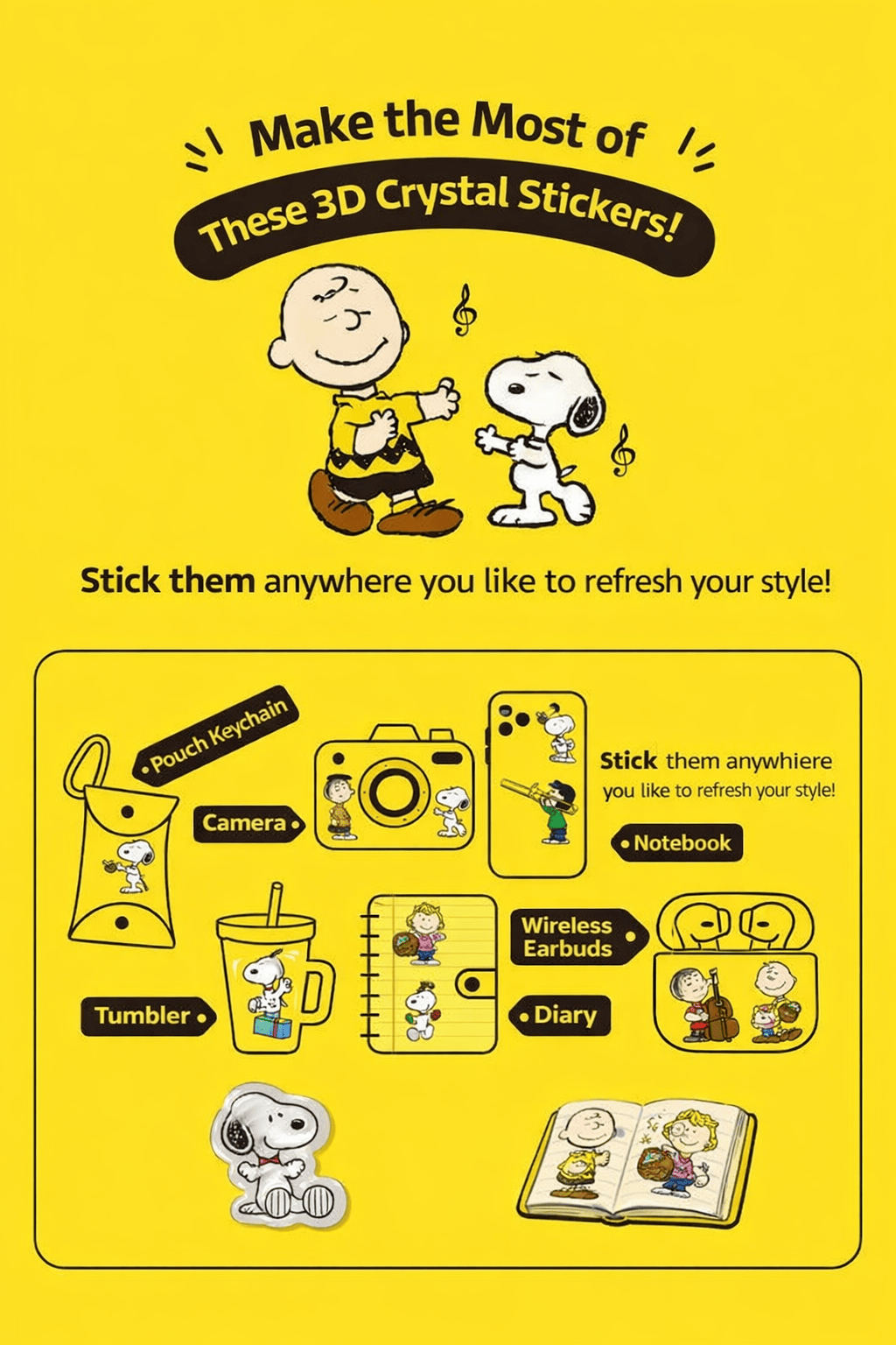 K-Wonderland Decorative Stickers PEANUTS 3D Crystal Sticker – BonBon Drop Snoopy