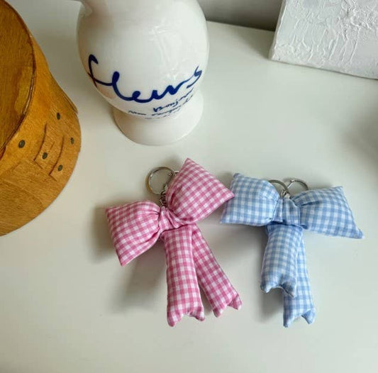 K-Wonderland Puff Ribbon Balletcore Check Bow Bag Charm, Key Holder
