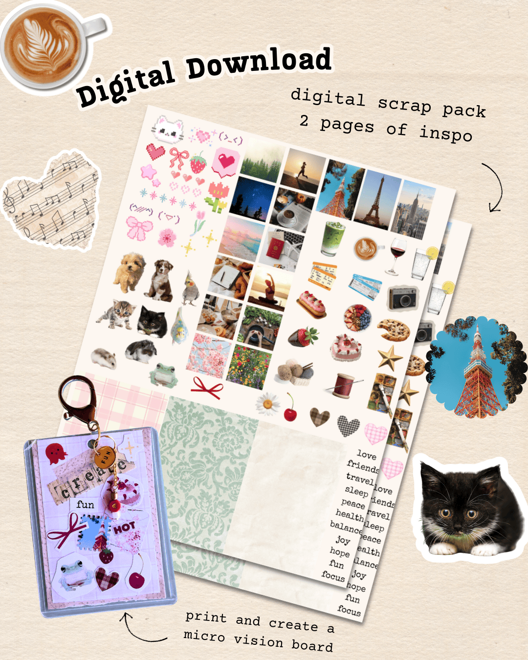 Kinkan Gifts Junk Journaling Mini Vision Board Keychain Kit - Digital Download