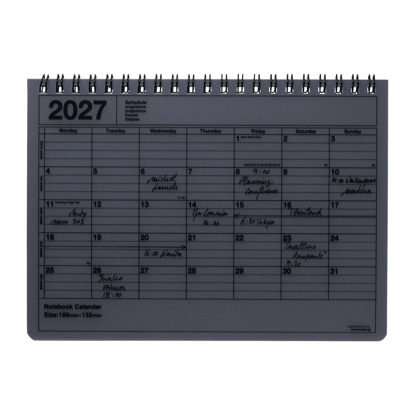 MARK'S Inc. Black Notebook Calendar 2027 – Monthly Planner with Notes (B6 / S)