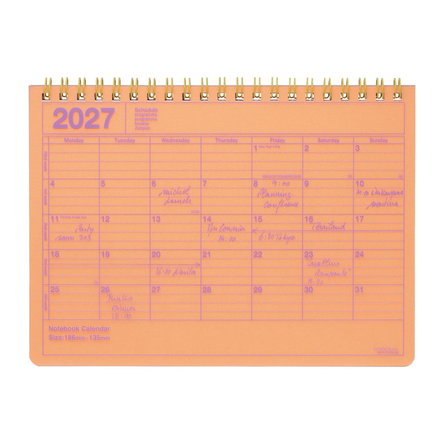 MARK'S Inc. Neon Orange Notebook Calendar 2027 – Monthly Planner with Notes (B6 / S)