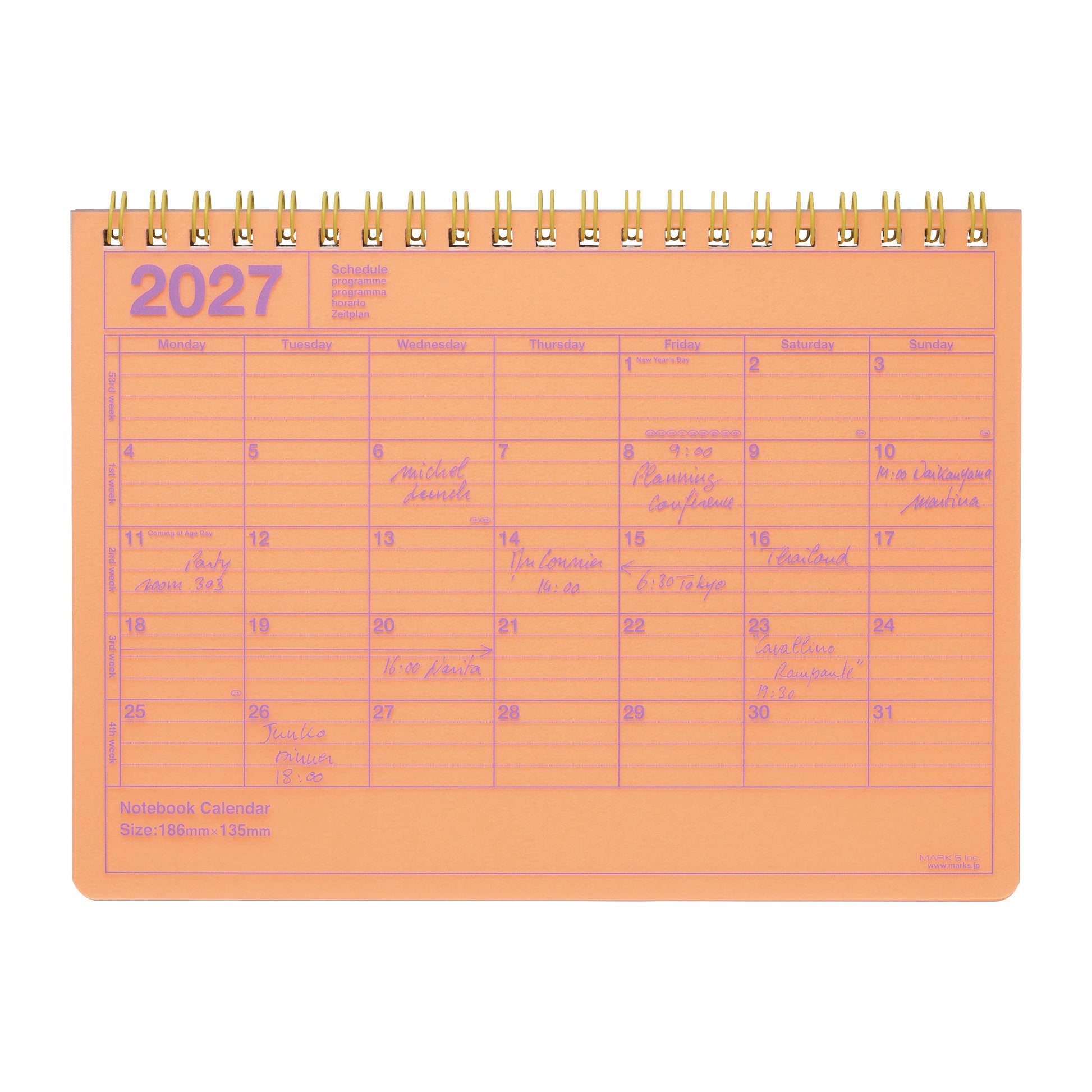 MARK'S Inc. Neon Orange Notebook Calendar 2027 – Monthly Planner with Notes (B6 / S)