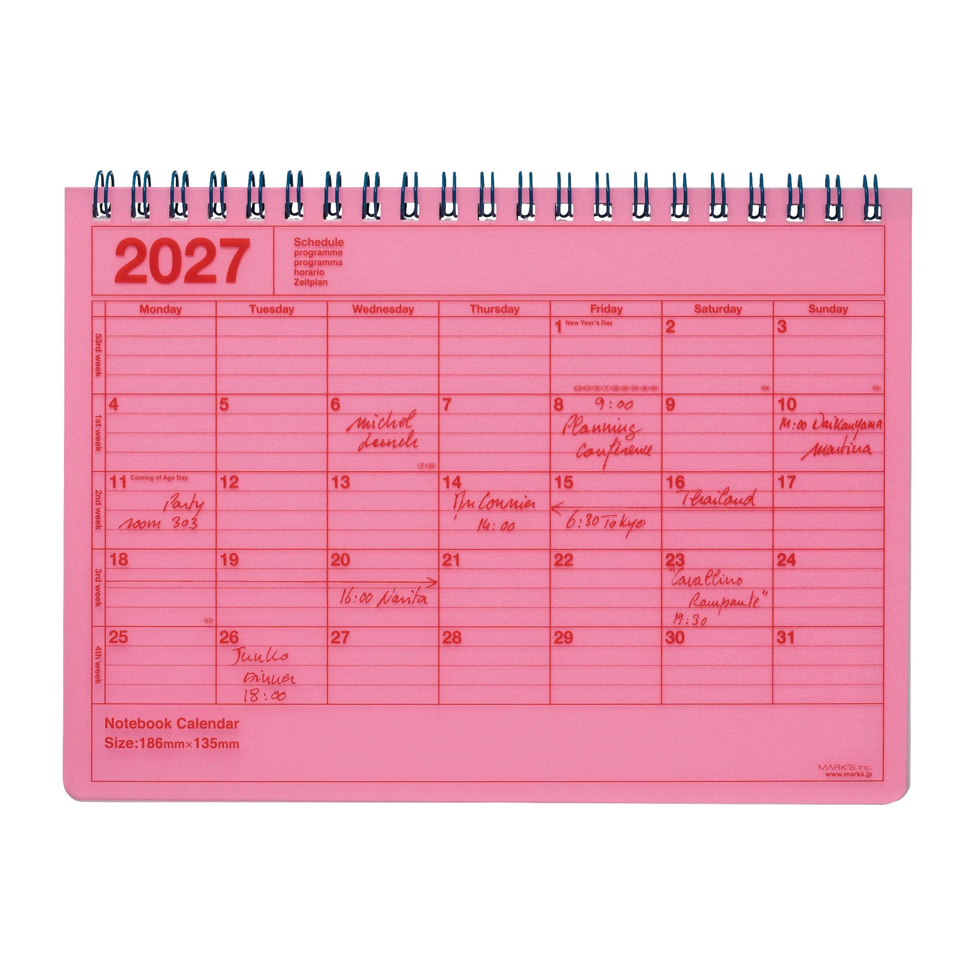 MARK'S Inc. Neon Pink Notebook Calendar 2027 – Monthly Planner with Notes (B6 / S)