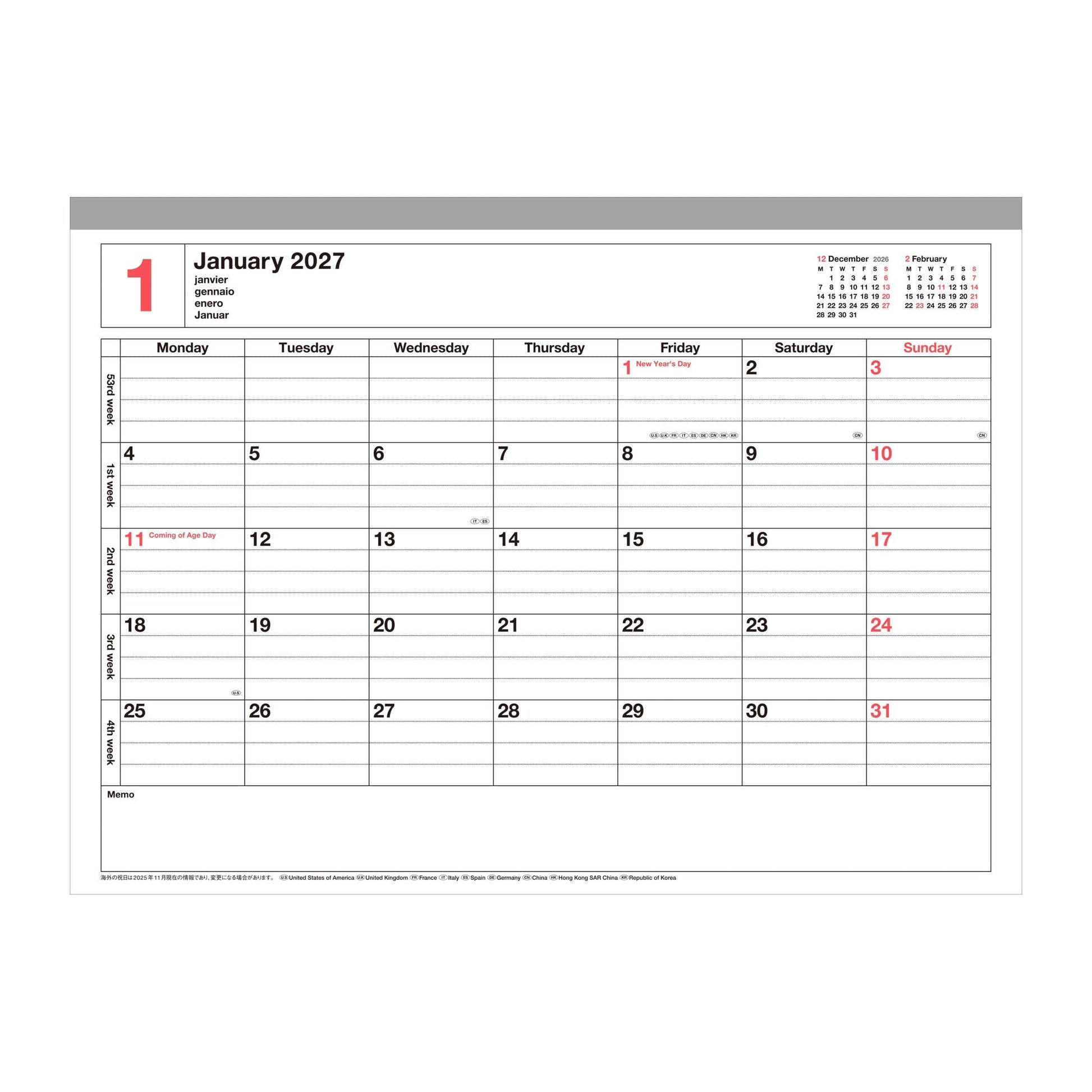 MARK'S Inc. Notebook Calendar 2027 – Monthly Planner with Notes (B6 / S)