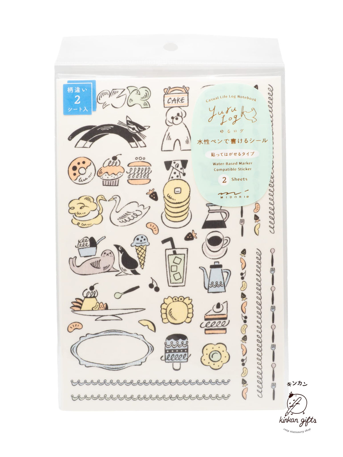 MIDORI Decorative Stickers Sweets & Animals (2 sheet) Yuru Log Sticker Sheets