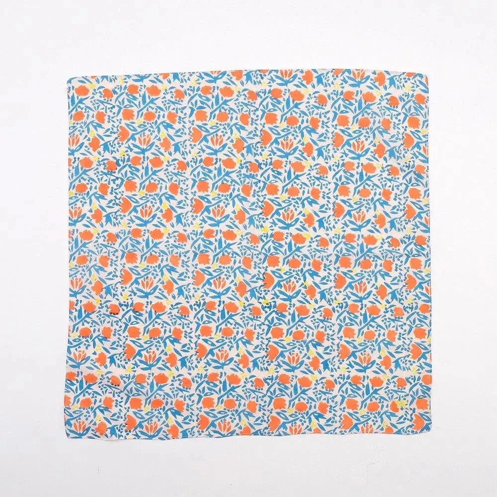 SHISEIHANBAI handkerchiefs Block print handkerchief with embroidered butterflies dancing in a summery flower garden Butterfly Embroidered Woodblock Print Handkerchief