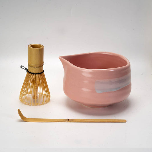 Urban Tokyo Matcha Set 20oz Porcelain Latte Bowl with Whisk and Scoop Pink Brushstroke (1/16)